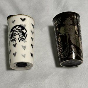 2 Starbucks 12 oz tumblers 2014 black hearts 2017 Brown Silver Mermaid